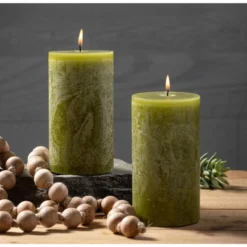 Moss Timber Pillar Candles - Set Of 2